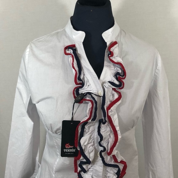 Tekbir Women Blouse Buttons Notched V- Neck Size S Ruffles Long Sleeves =D - Picture 2 of 12